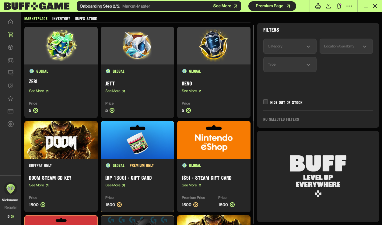 Gaming items marketplace with filters and virtual currency prices.