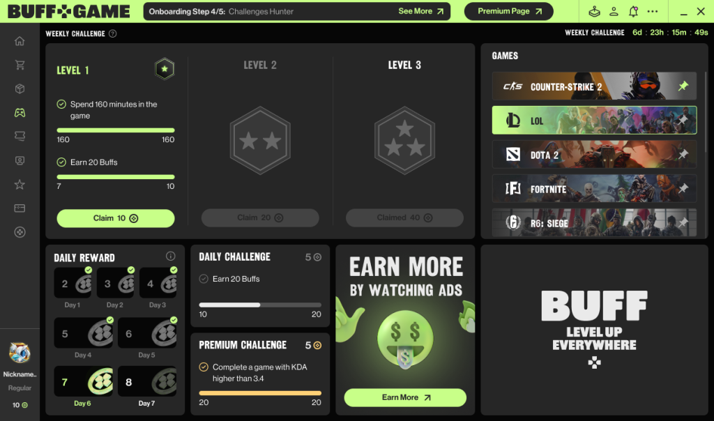 Gaming platform reward interface with challenges and progress trackers.