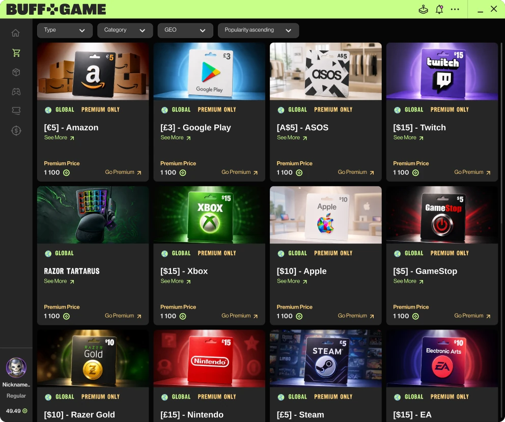 The Buff marketplace, showing gift cards available to redeem